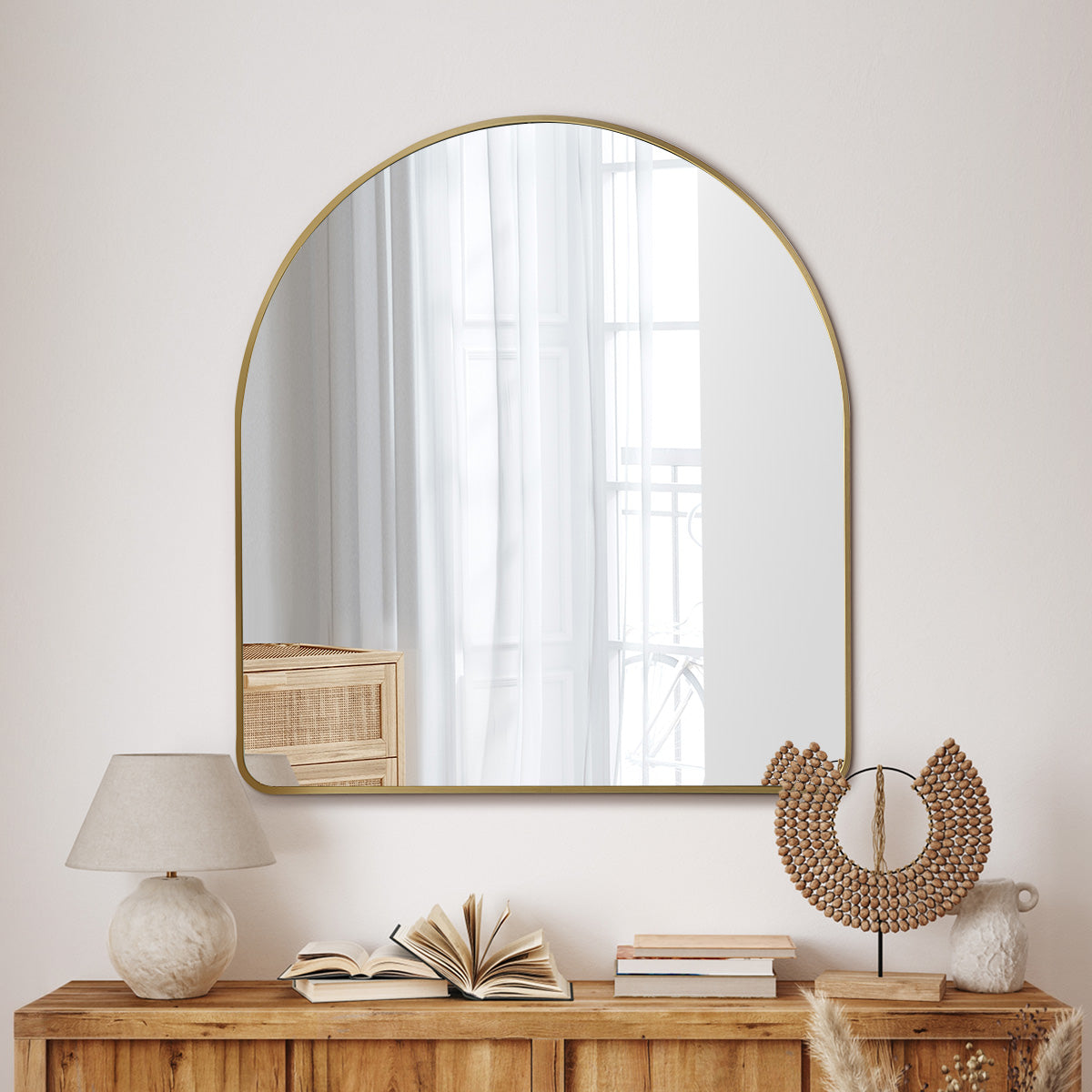 Oikiture Arched Wall Mirror Vanity Makeup Aluminium Frame 85x80cm Gold
