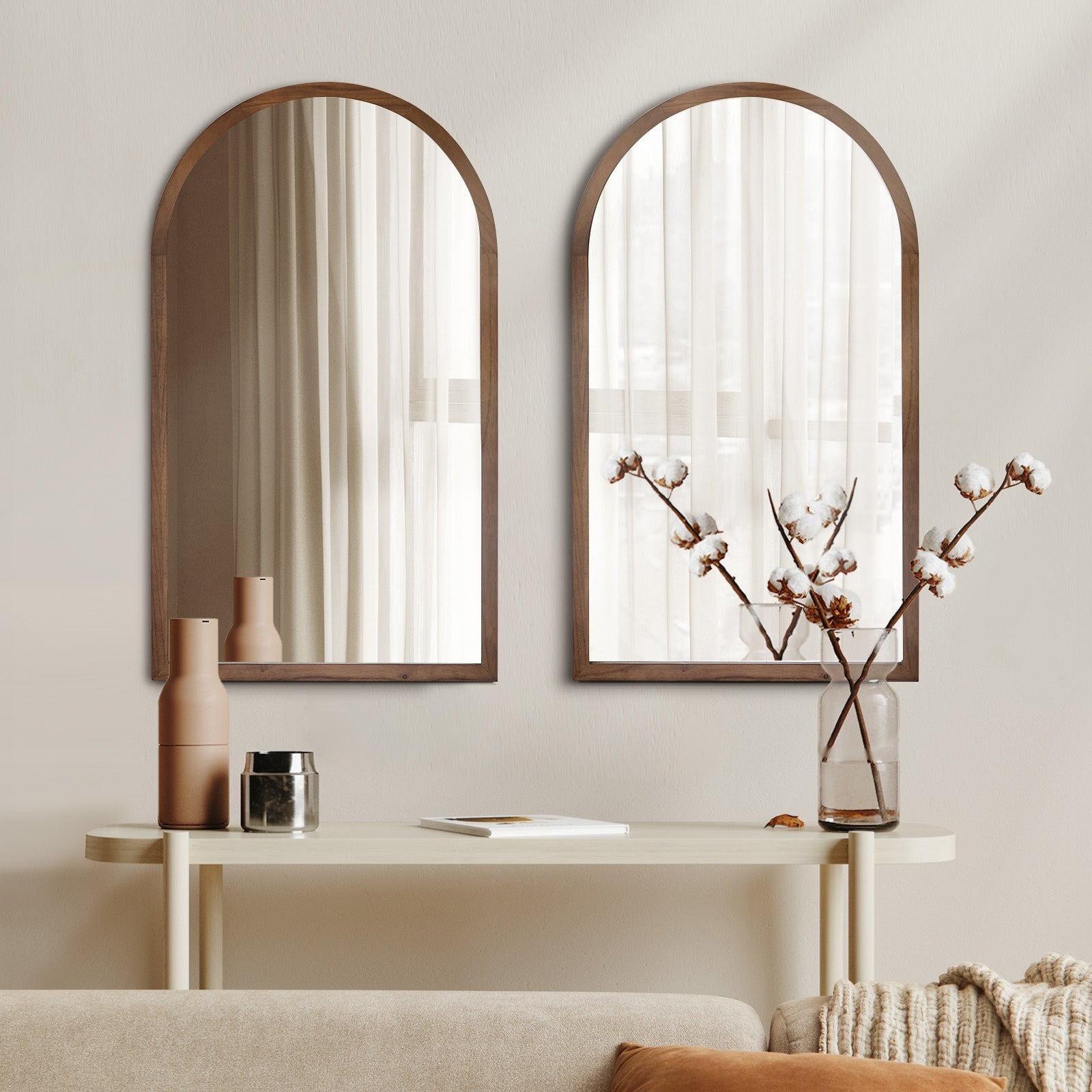 Oikiture Arched Wall Mirrors Home Decor 86x50cm Brown Wooden Set of 2 - Sunyee