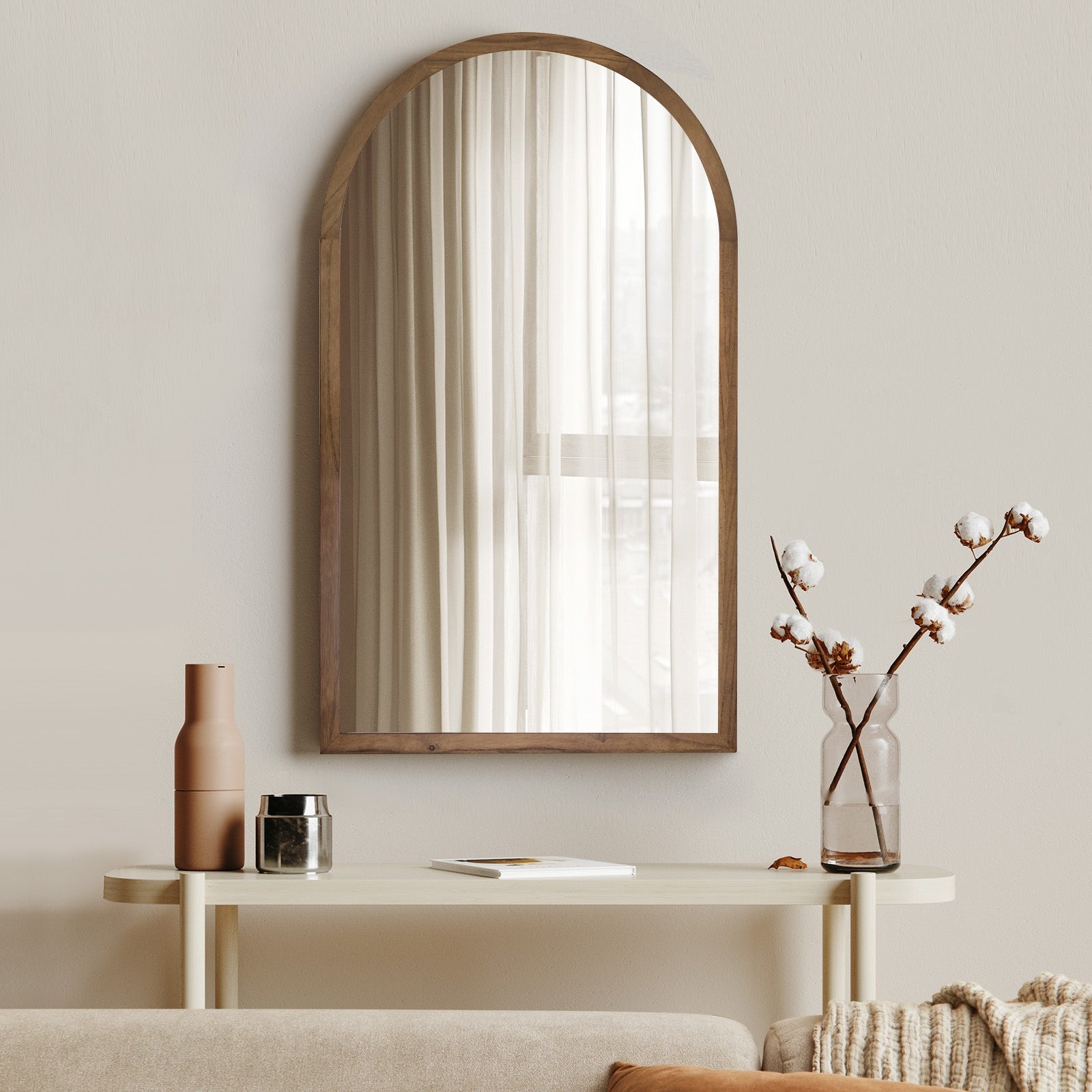 Oikiture Arched Wall Mirrors Vanity Home Decor Makeup Mirror 86x50cm Brown Wood - Sunyee