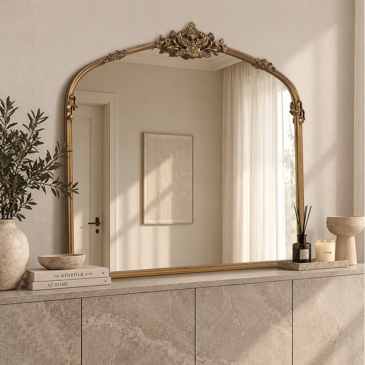 Oikiture Vintage Wall Mirror Arched Vanity Mirror Metal Frame 100x80cm Gold - Sunyee