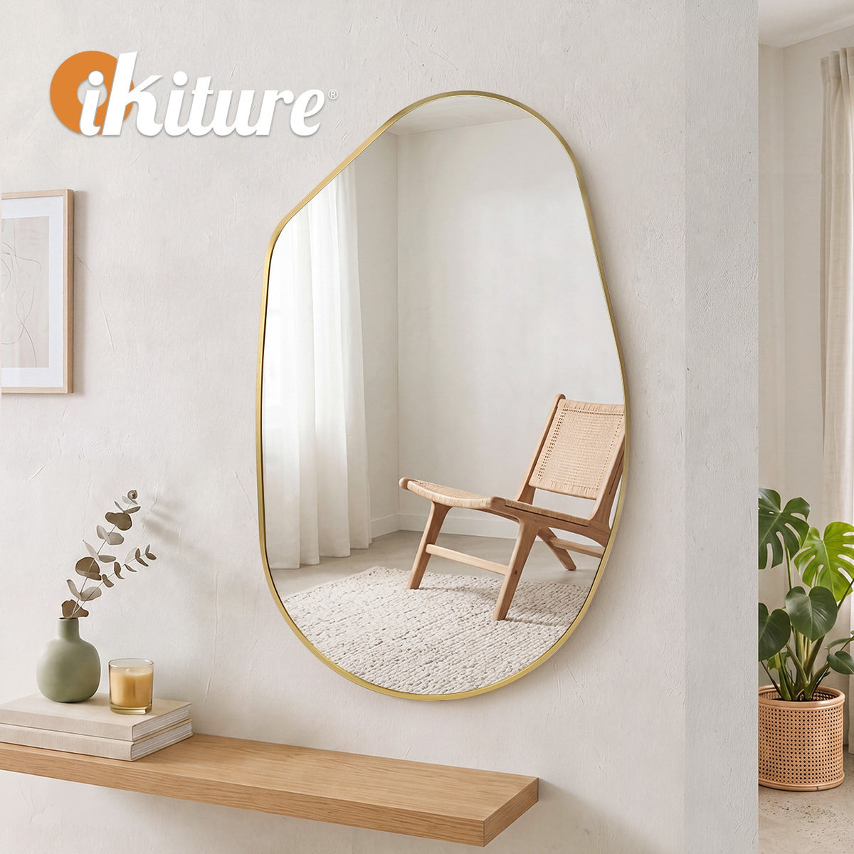 Oikiture Irregular Wall Mirror Hanging Mirror Aluminium Frame Entryway Gold