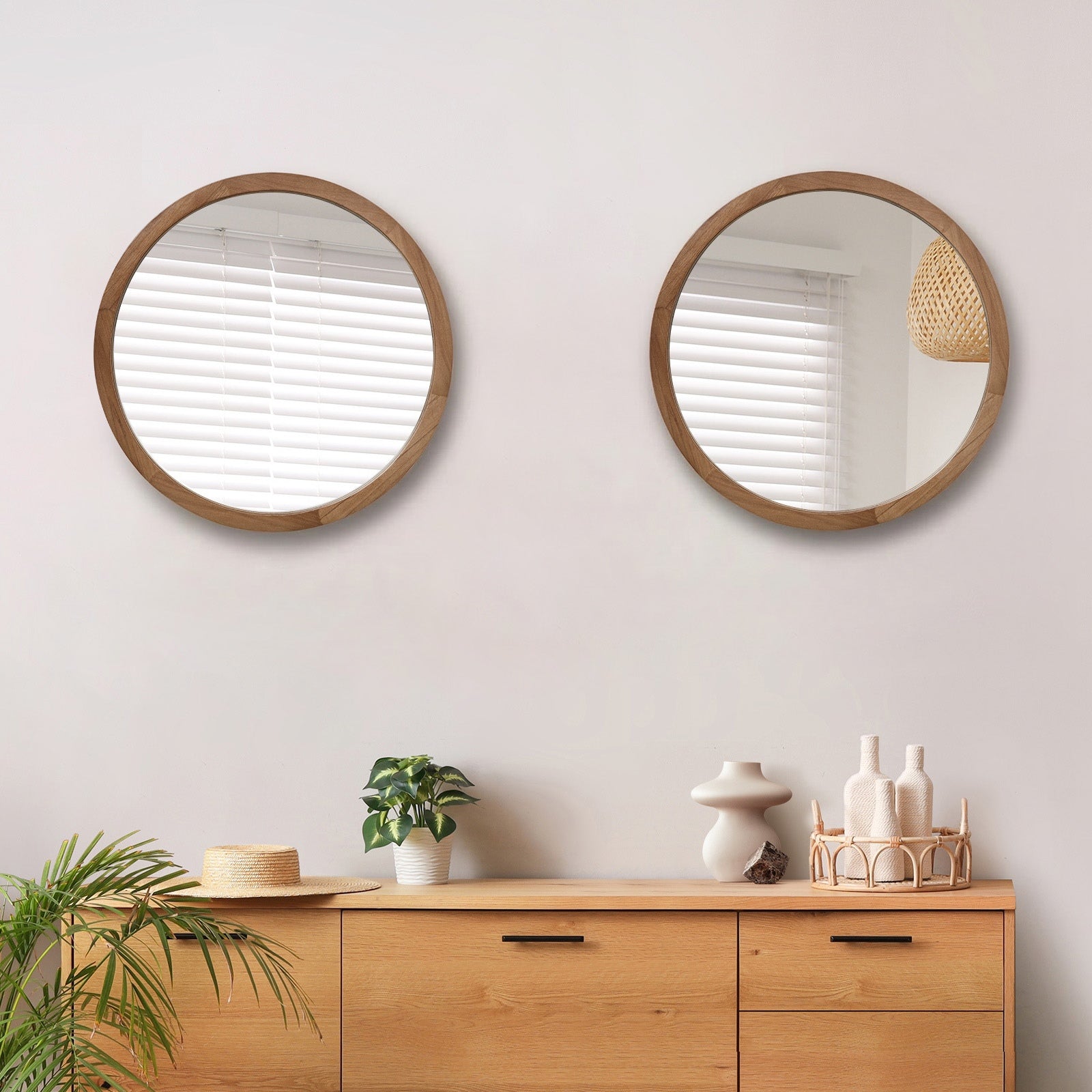 Oikiture Wall Mirrors Round Home Decor 50cm Walnut Set of 2 - Sunyee