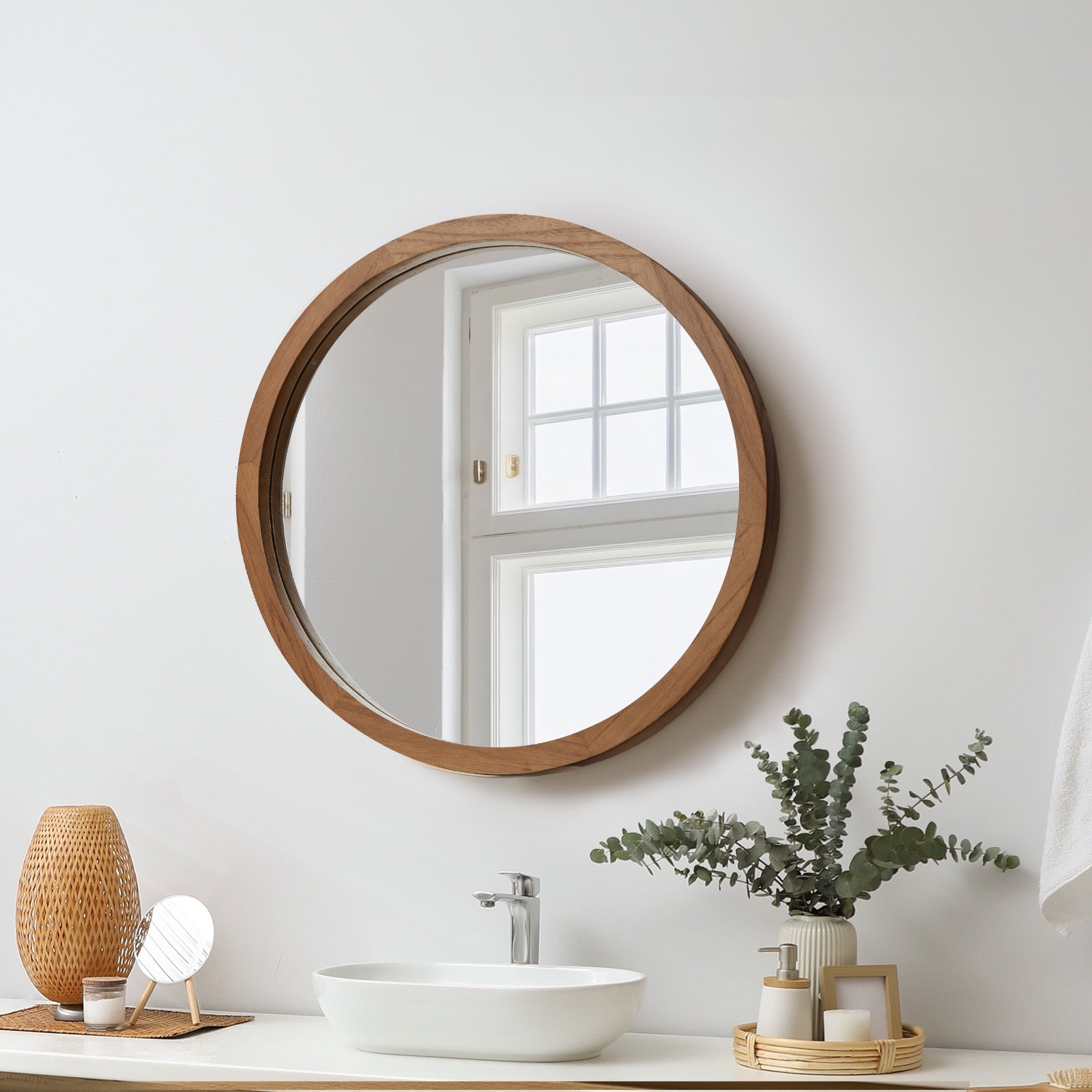 Oikiture Wall Mirrors 50cm Round Makeup Mirror Vanity Home Decor Walnut - Sunyee
