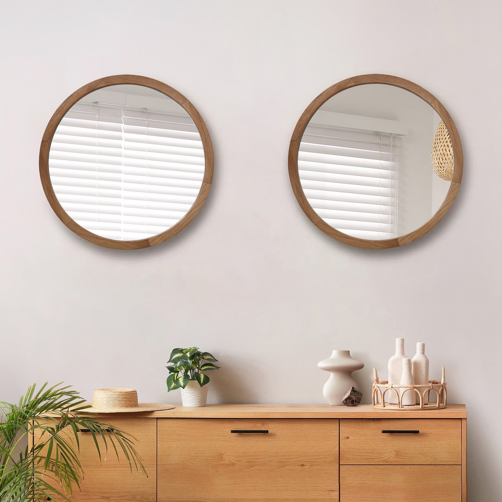 Oikiture Wall Mirrors Round Home Decor 60cm Walnut Set of 2 - Sunyee