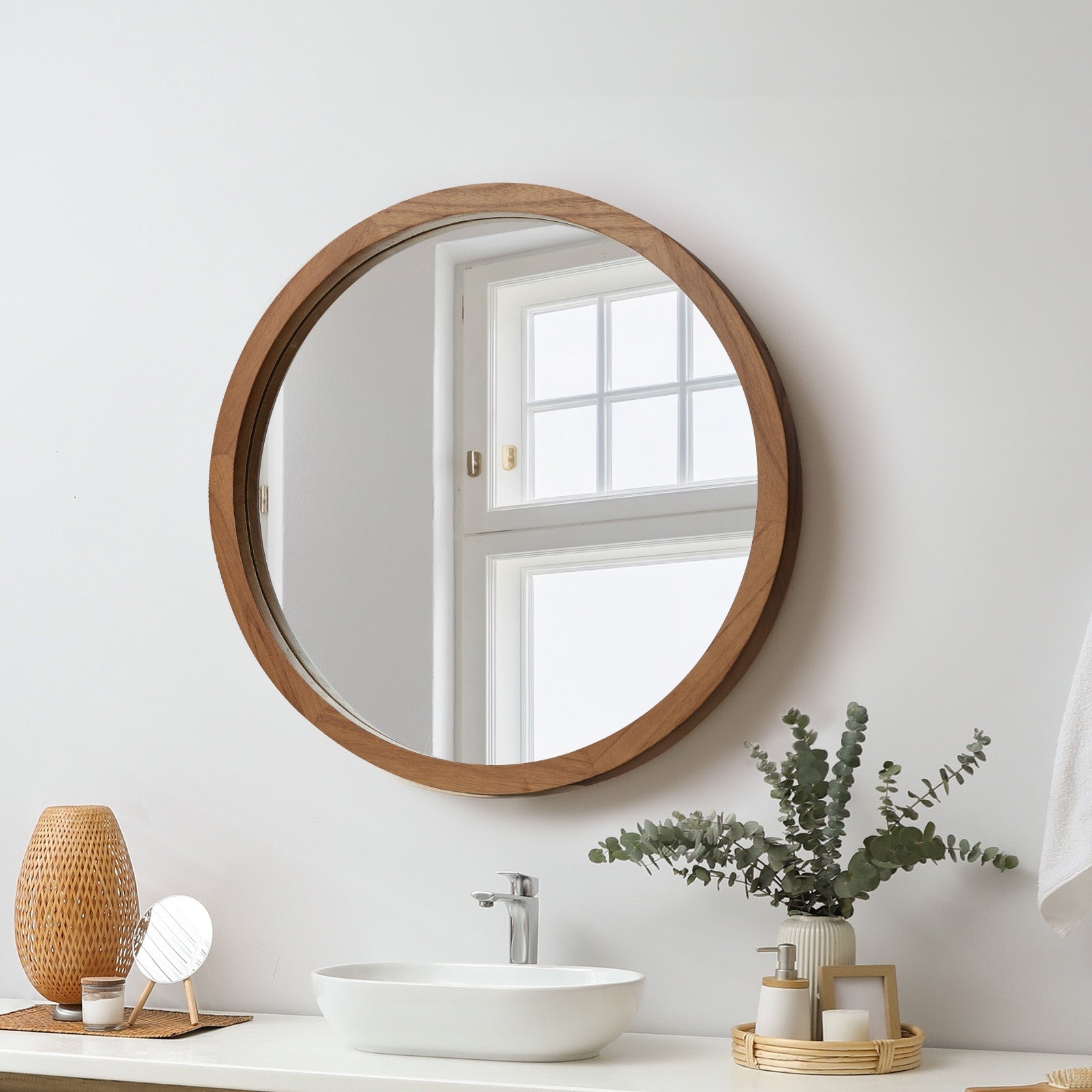 Oikiture Wall Round Mirrors Makeup Mirror Home Decor Walnut 50/60/70/80/90cm - Sunyee