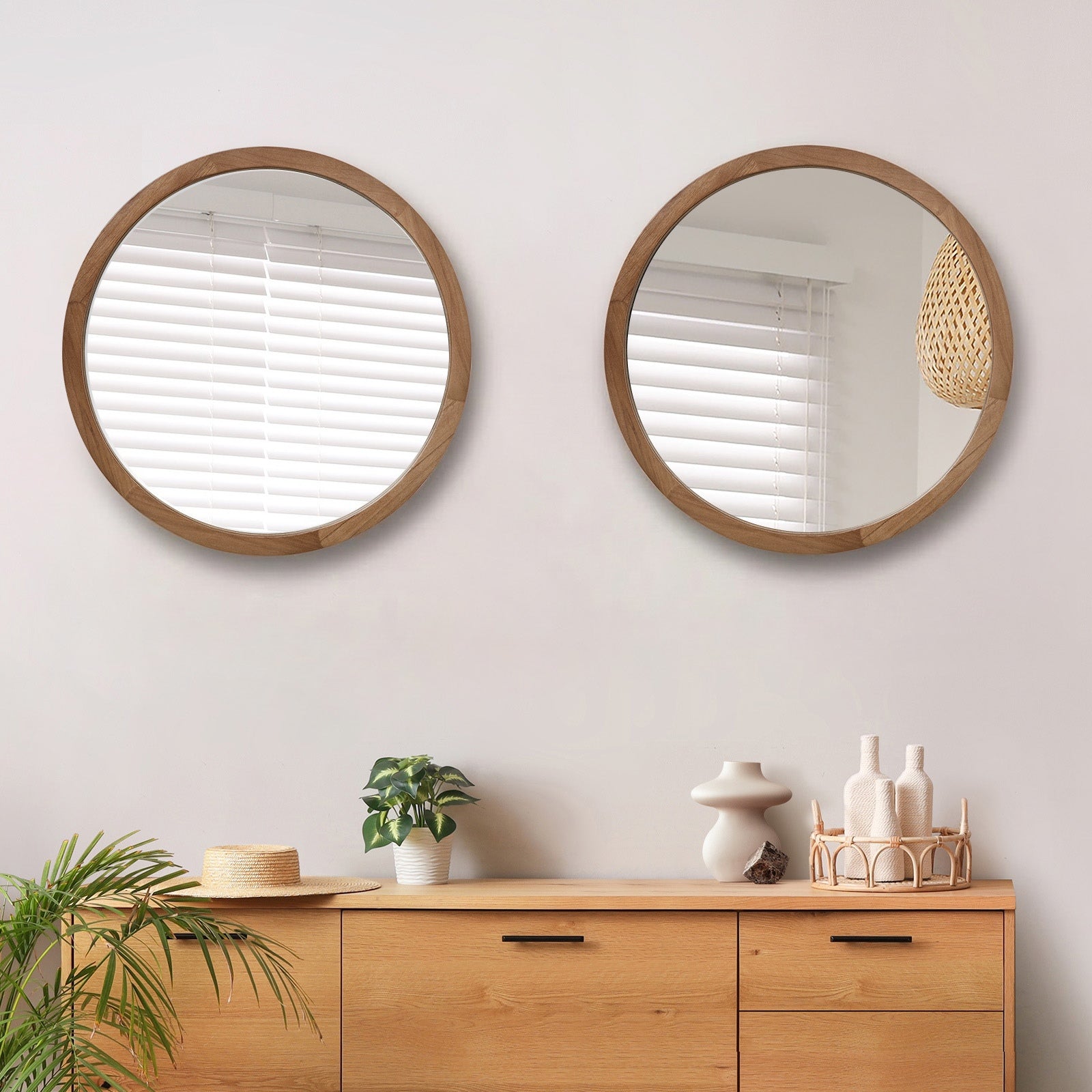 Oikiture Wall Mirrors Round Home Decor 70cm Walnut Set of 2 - Sunyee