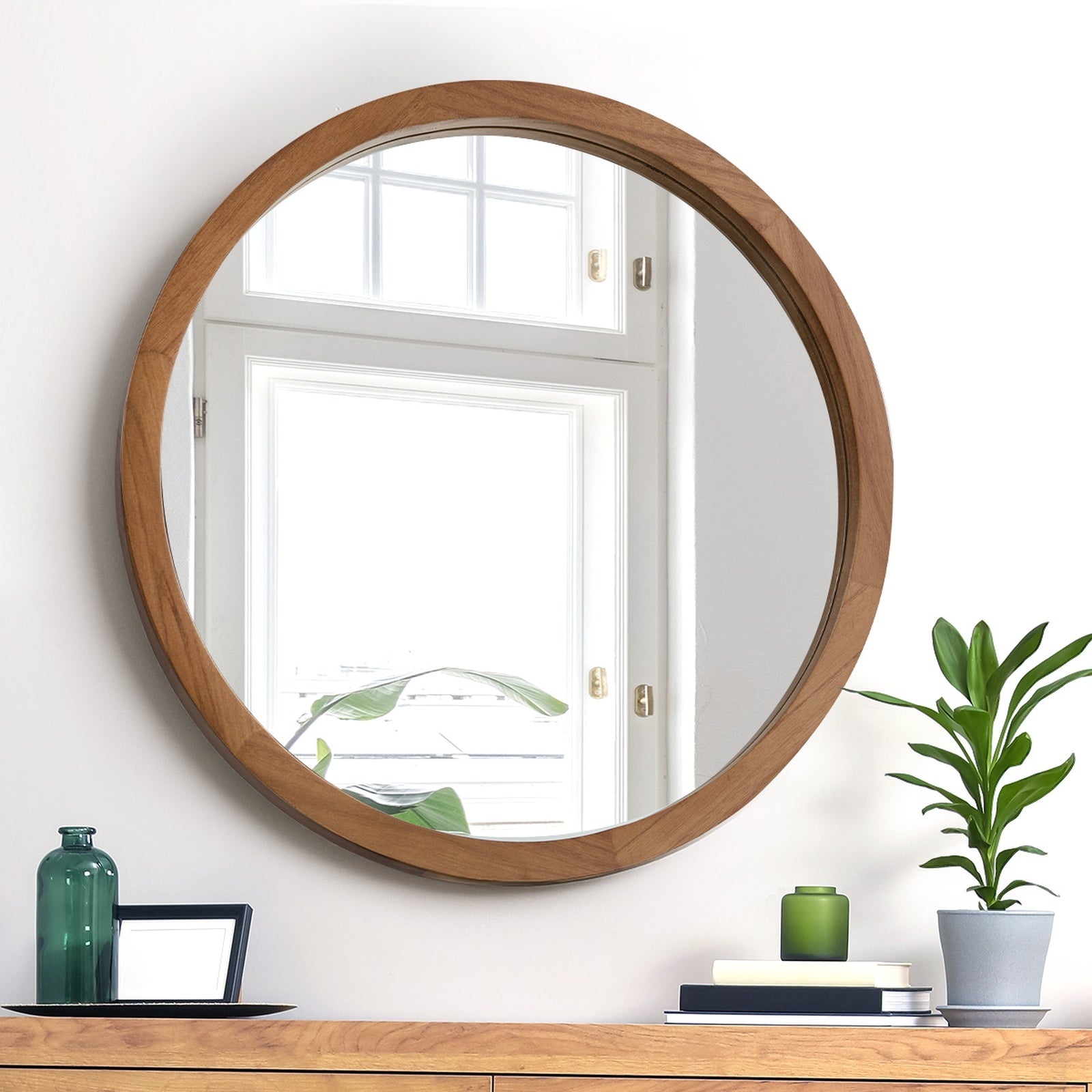 Oikiture Wall Mirrors Round Home Decor 70cm Walnut Set of 2 - Sunyee