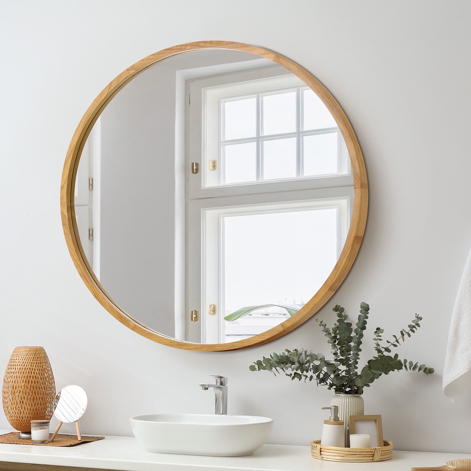 Oikiture Wall Mirrors Round Makeup Mirror Vanity Home Decorative Wooden 80cm