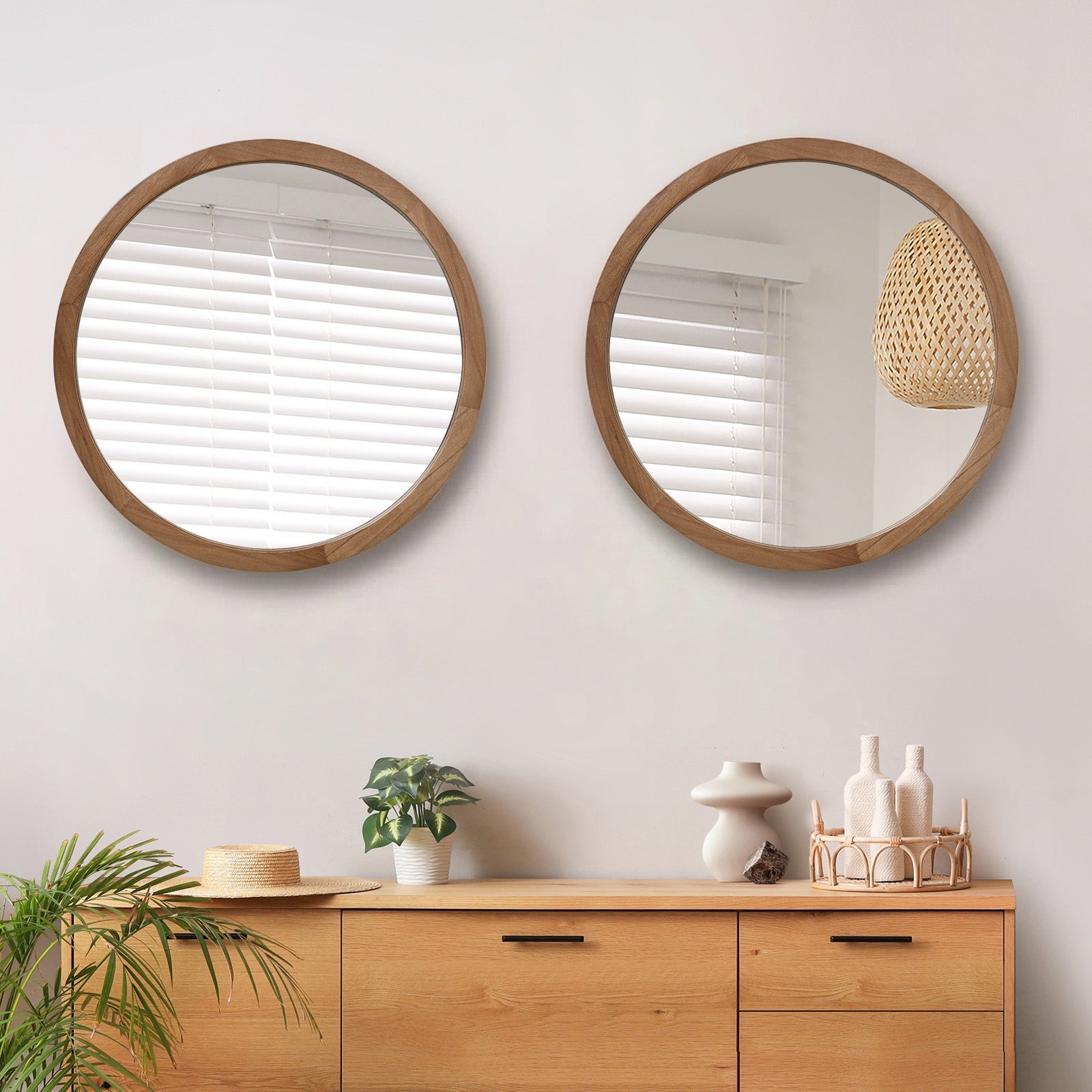 Oikiture Wall Mirrors Round Home Decor 80cm Walnut Set of 2 - Sunyee