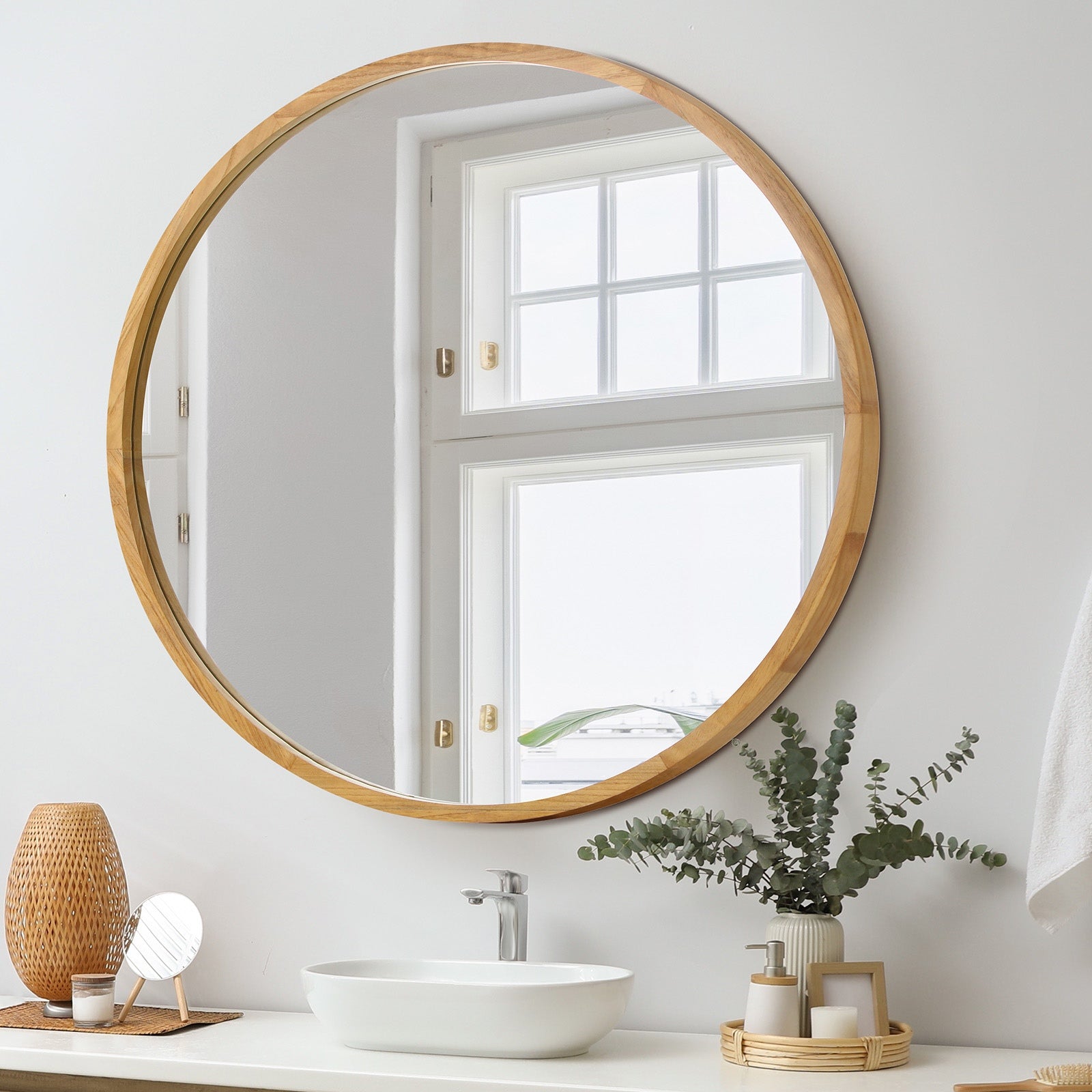 Oikiture Wall Mirrors Round Large Makeup Mirror Vanity Home Decor 90cm Wooden - Sunyee