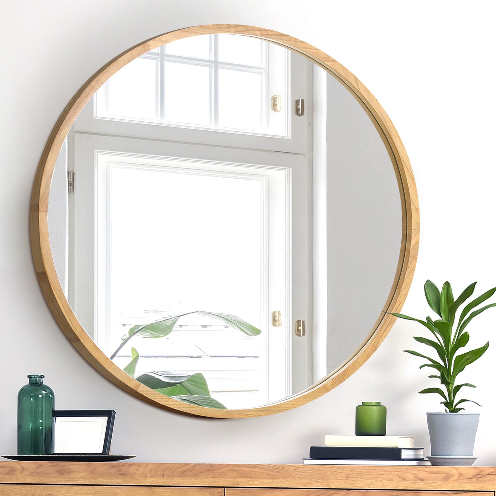 Oikiture Wall Mirrors Round Large Makeup Mirror Vanity Home Decor 90cm Wooden - Sunyee