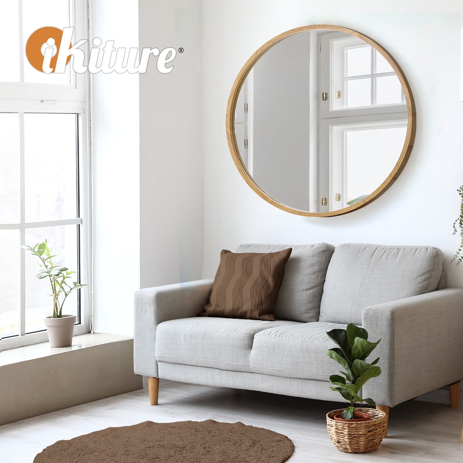 Oikiture Wall Mirrors Round Large Makeup Mirror Vanity Home Decor 90cm Wooden - Sunyee
