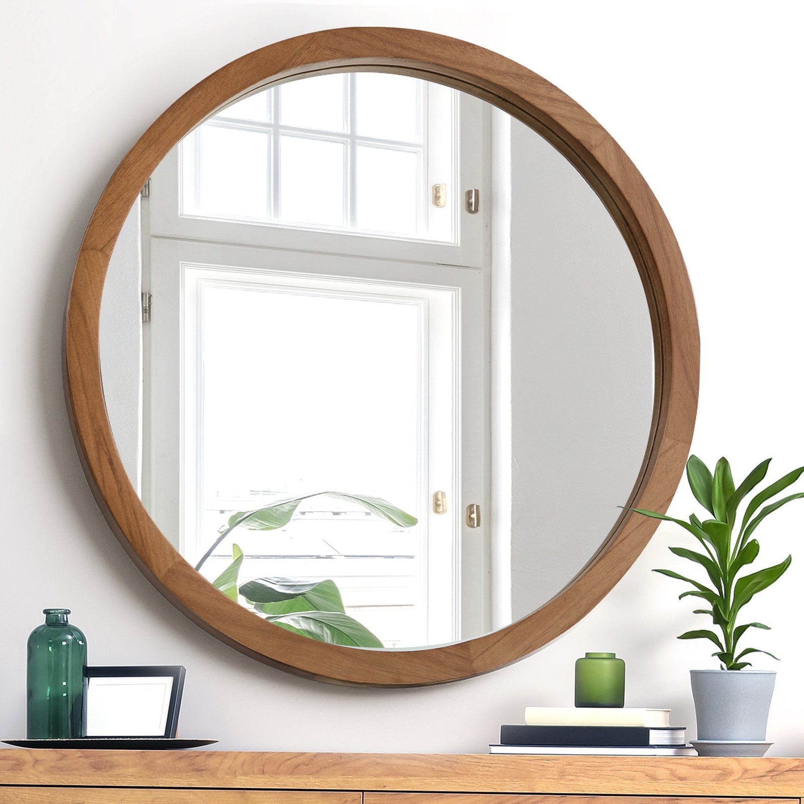 Oikiture Wall Mirrors Round Home Decor 90cm Walnut Set of 2 - Sunyee