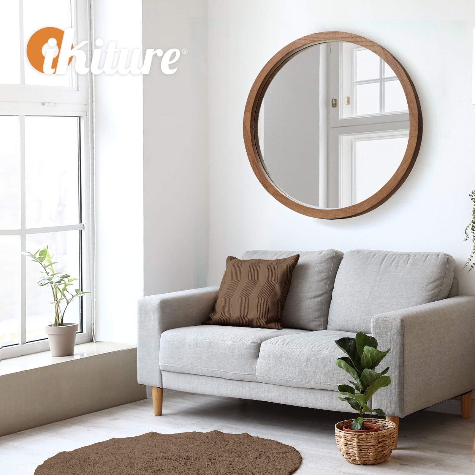 Oikiture Wall Mirrors Round Home Decor 90cm Walnut Set of 2 - Sunyee