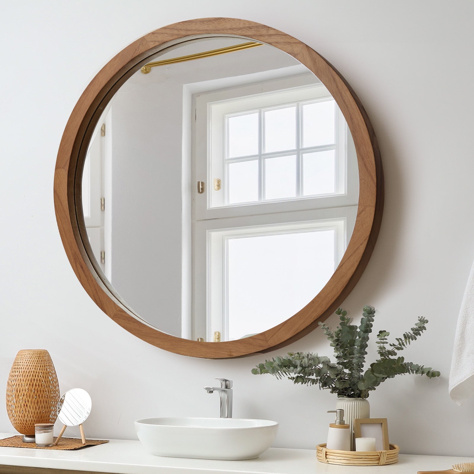 Oikiture Wall Mirrors 90cm Round Large Makeup Mirror Bathroom Home Decor Walnut - Sunyee