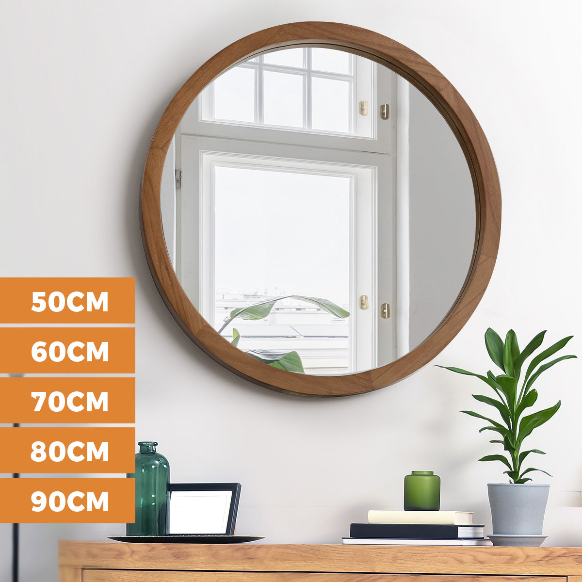 Oikiture Wall Round Mirrors Makeup Mirror Home Decor Walnut 50/60/70/80/90cm - Sunyee