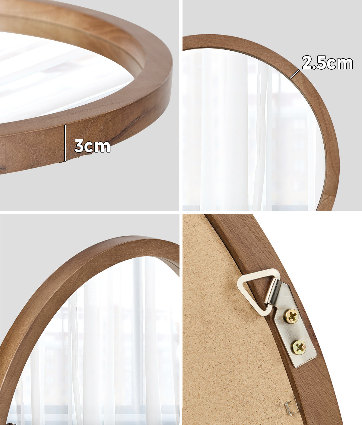 Oikiture Wall Round Mirrors Makeup Mirror Home Decor Walnut 50/60/70/80/90cm - Sunyee