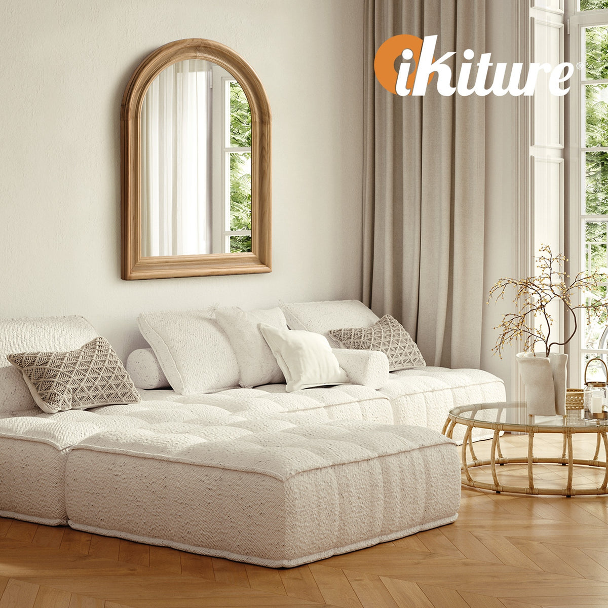 Oikiture Arched Wall Mirror Decorative Mirror Wide Frame 85x60cm Natural
