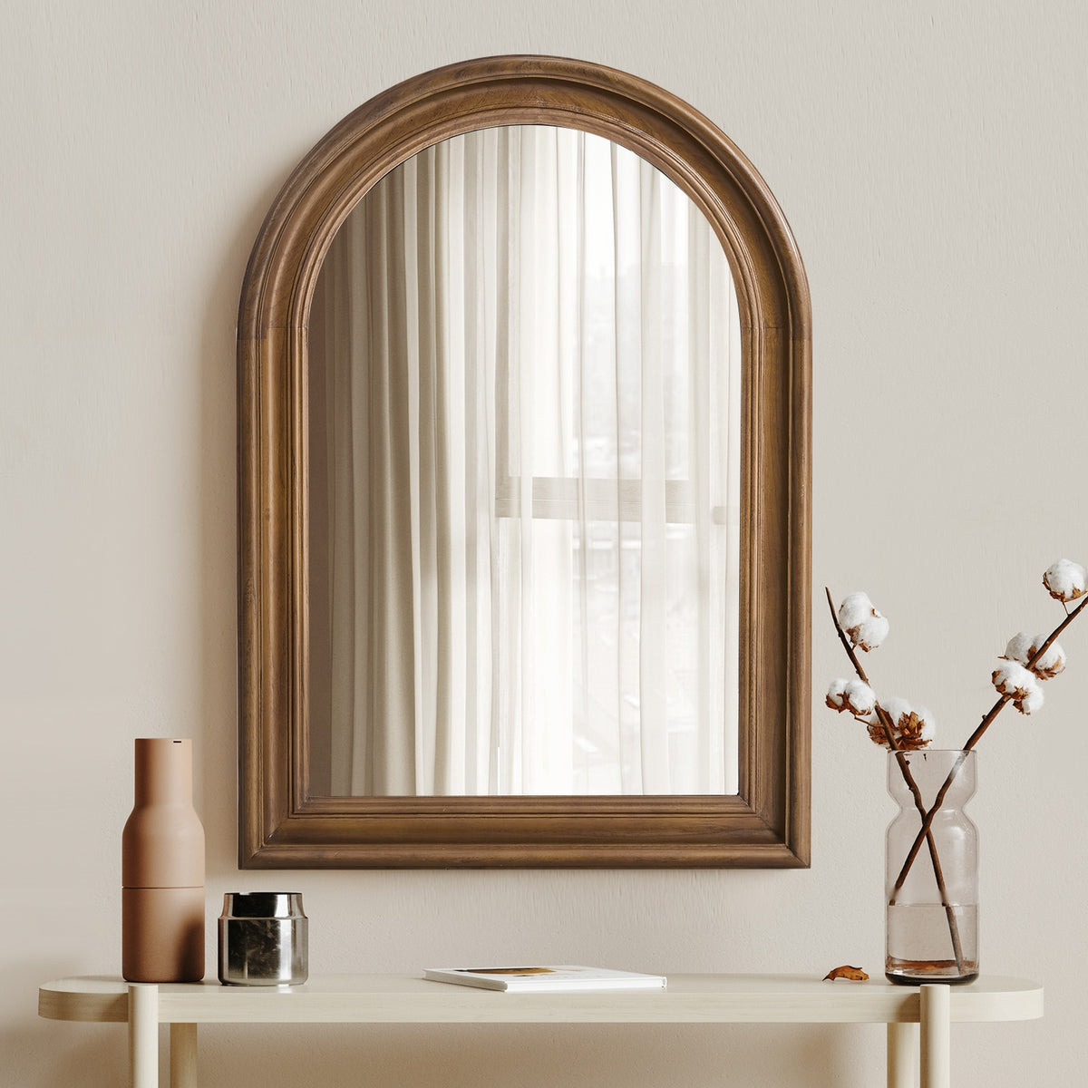 Oikiture Arched Wall Mirror Decorative Mirror Wide Frame 85x60cm Walnut