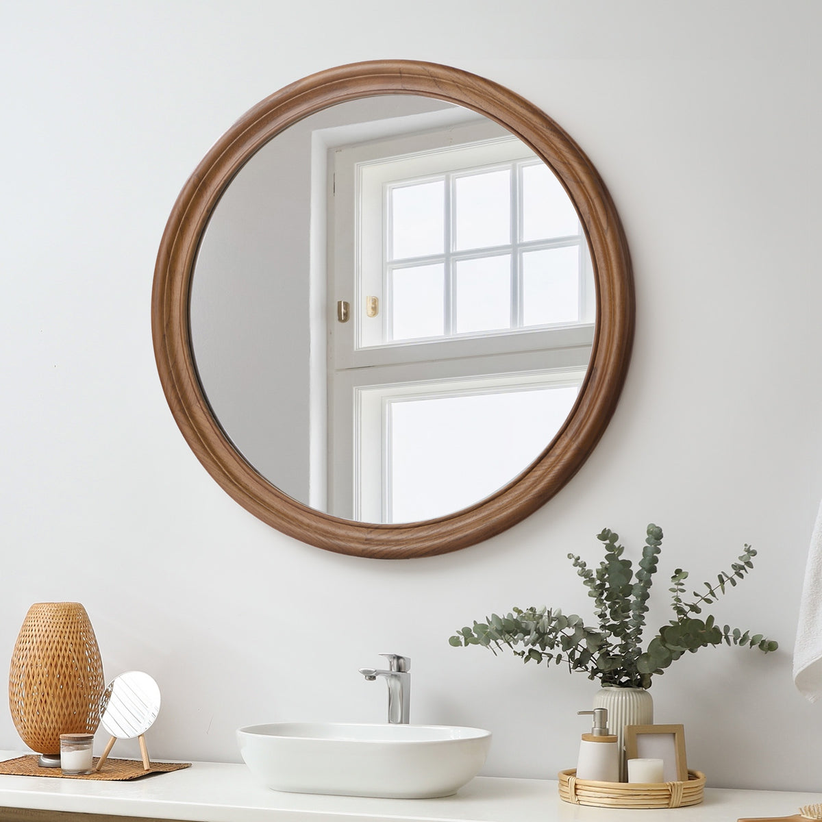 Oikiture Round Wall Mirror Makeup Mirror Wooden Frame Decor 70cm Walnut