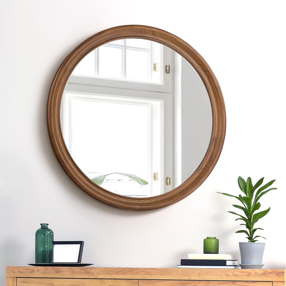 Oikiture Round Wall Mirror Makeup Mirror Wooden Frame Decor 70cm Walnut