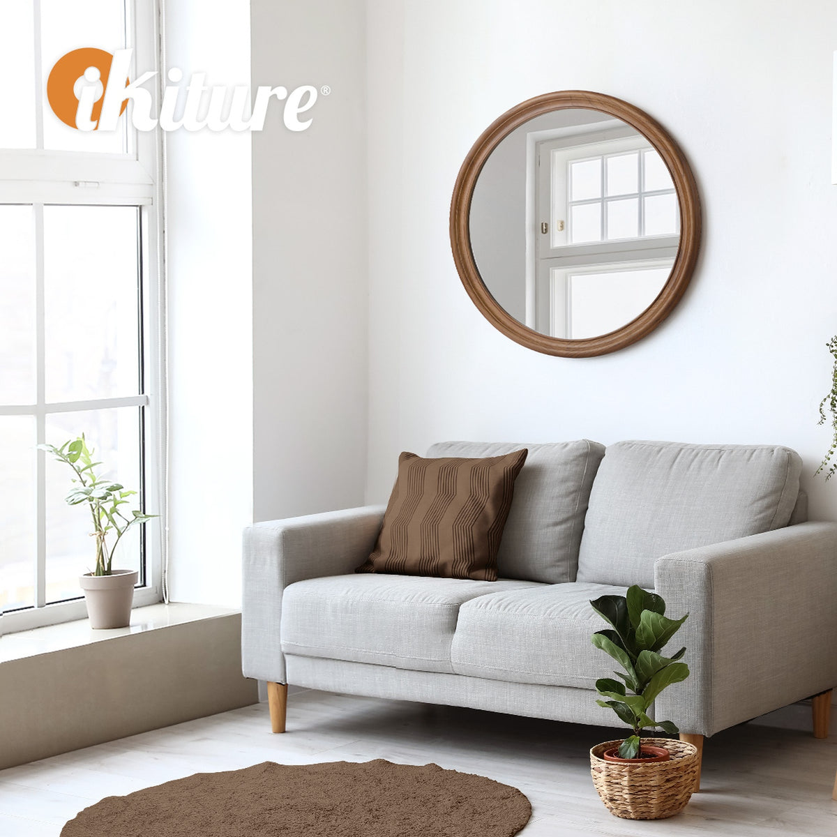 Oikiture Round Wall Mirror Makeup Mirror Wooden Frame Decor 70cm Walnut