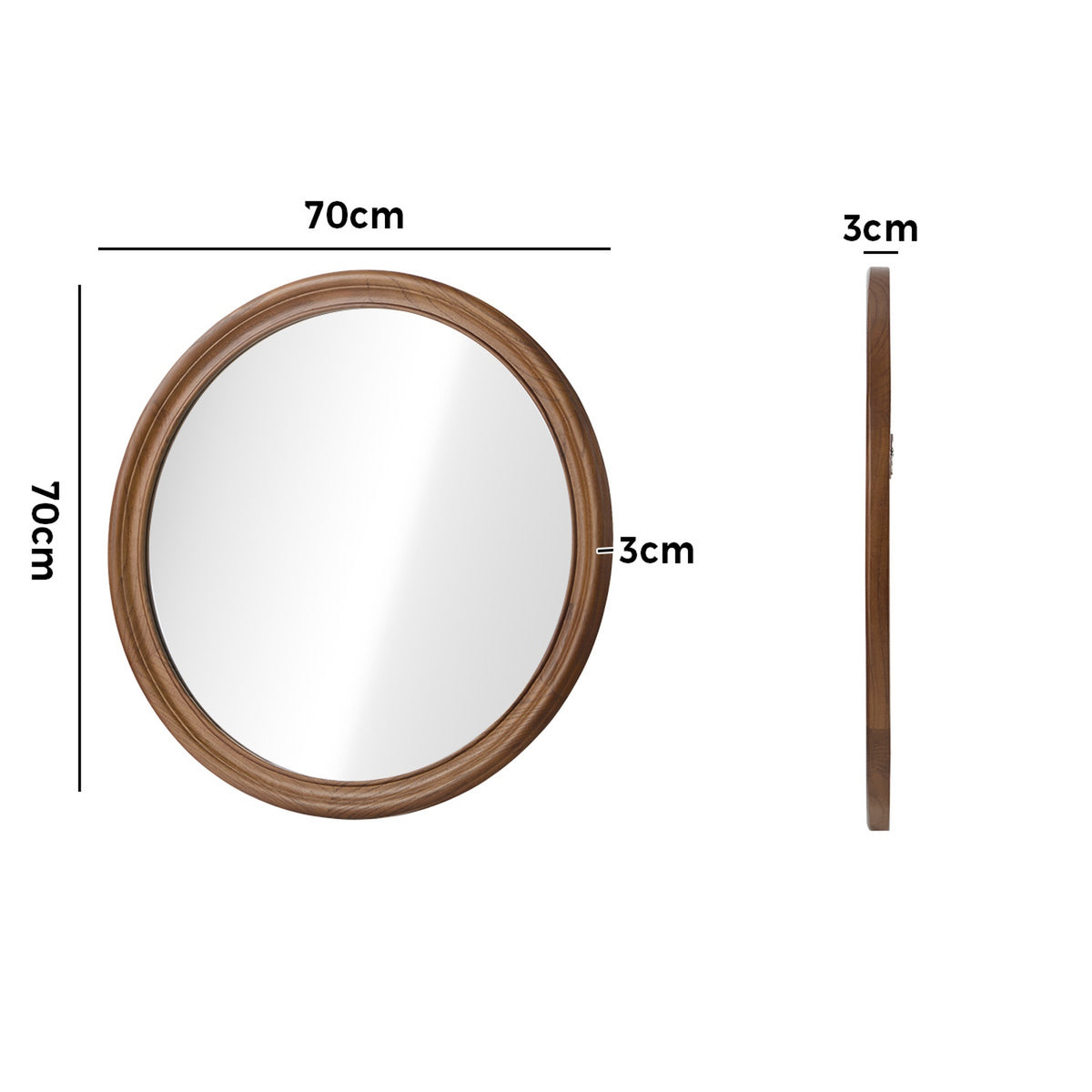 Oikiture Round Wall Mirror Makeup Mirror Wooden Frame Decor 70cm Walnut