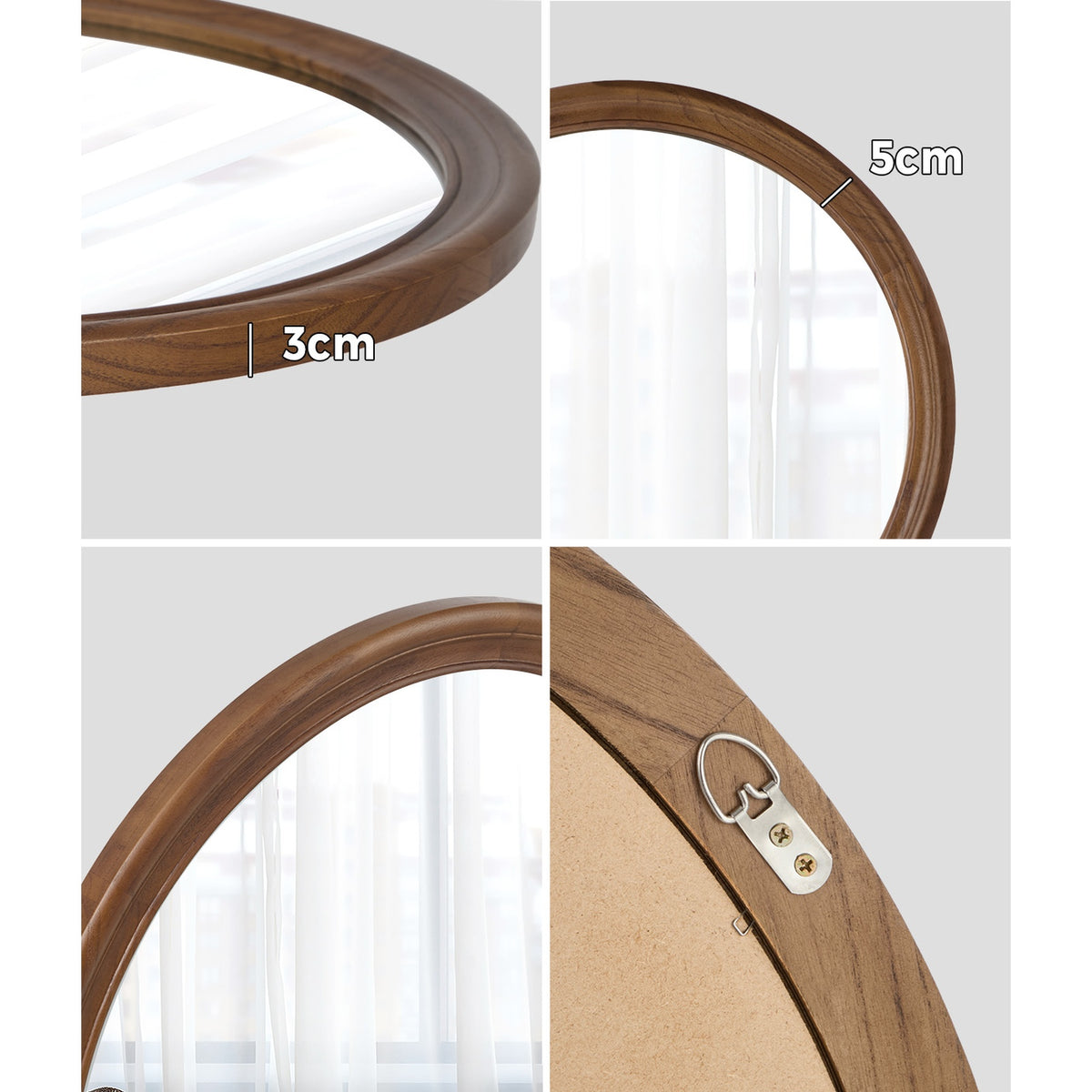 Oikiture Round Wall Mirror Makeup Mirror Wooden Frame Decor 80cm Walnut