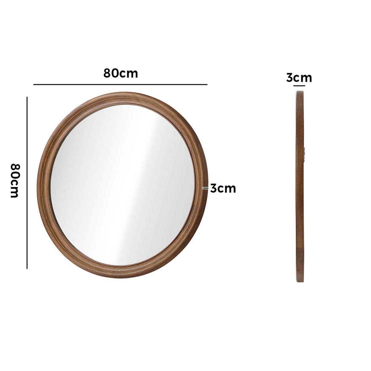 Oikiture Round Wall Mirror Makeup Mirror Wooden Frame Decor 80cm Walnut