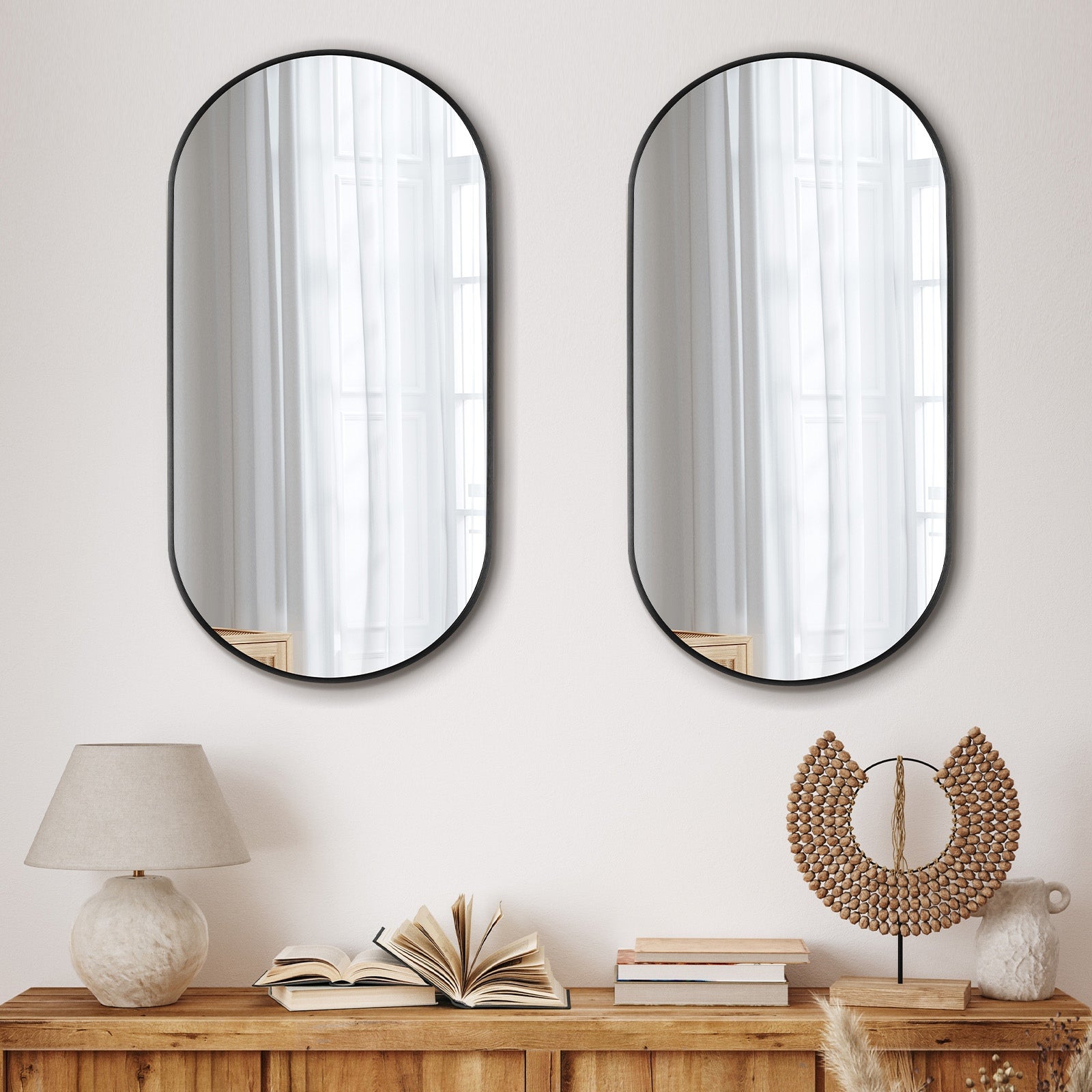 Oikiture Wall Mirrors Oval Home Decor Mirror Black 84x50cm Set of 2 - Sunyee
