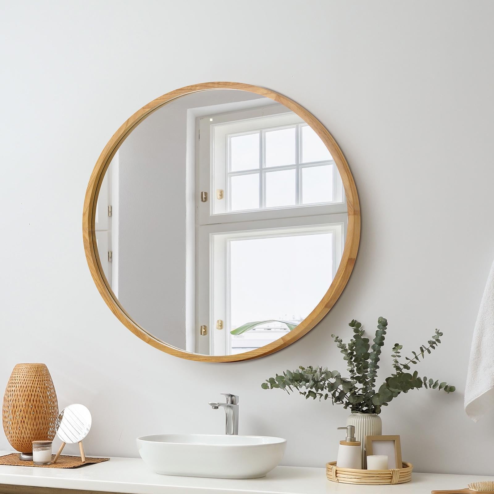 Oikiture Wooden Wall Round Mirrors Makeup Mirror Home Decro 50/60/70/80/90cm - Sunyee