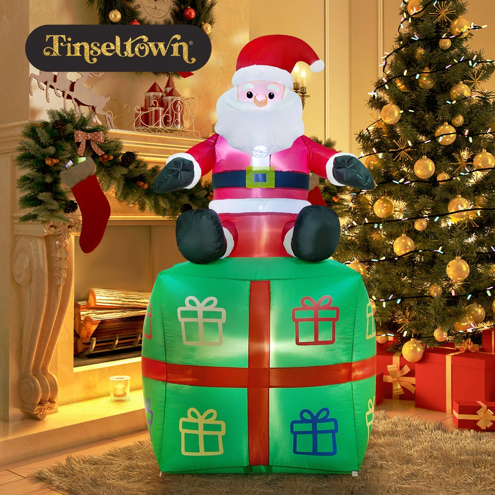 Tinseltown 1.8M Christmas Inflatable Santa Gift Box LED Light Outdoor Decor
