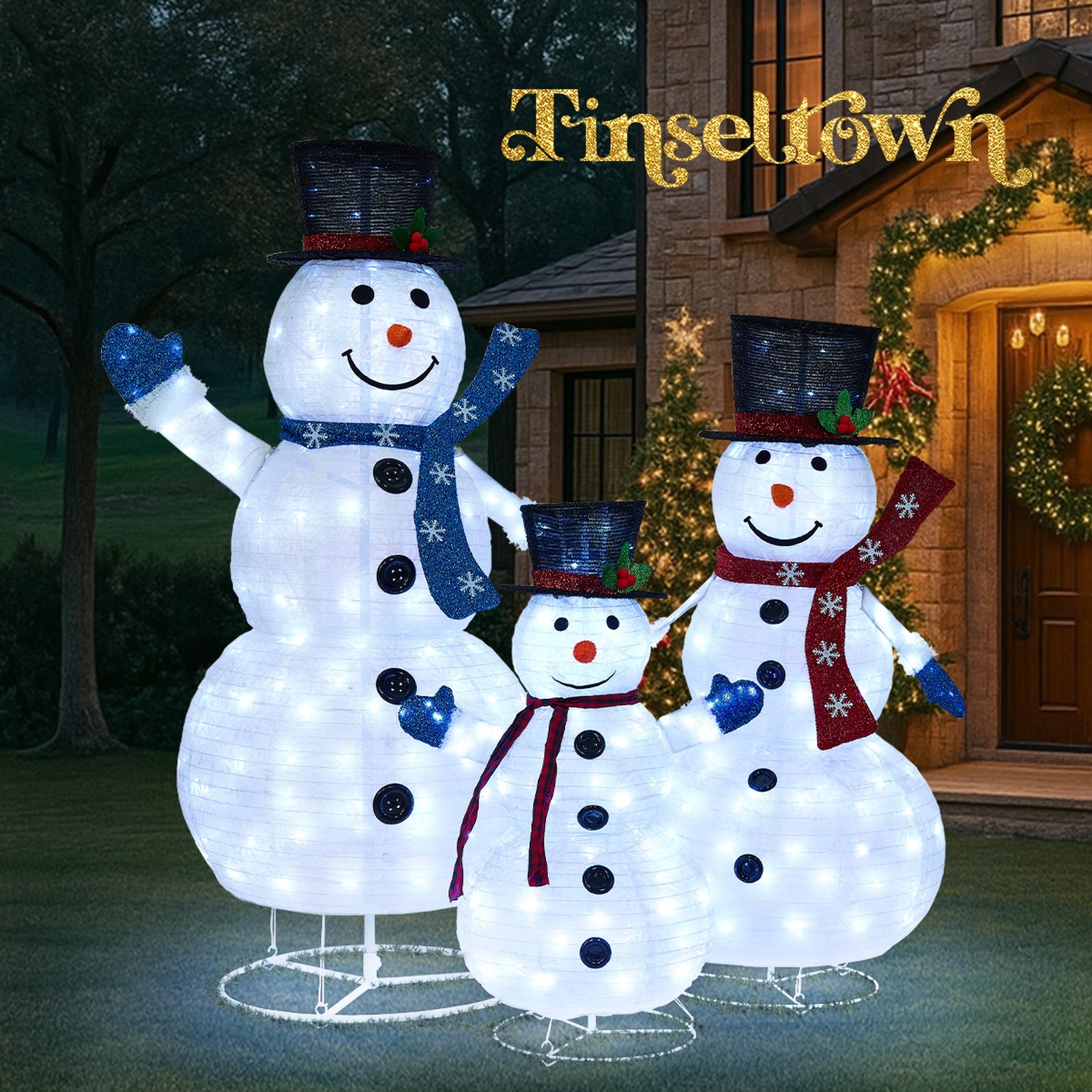 Tinseltown 3D Christmas LED Lights Set of 3 Snowmen Outdoor Xmas Decor Metal