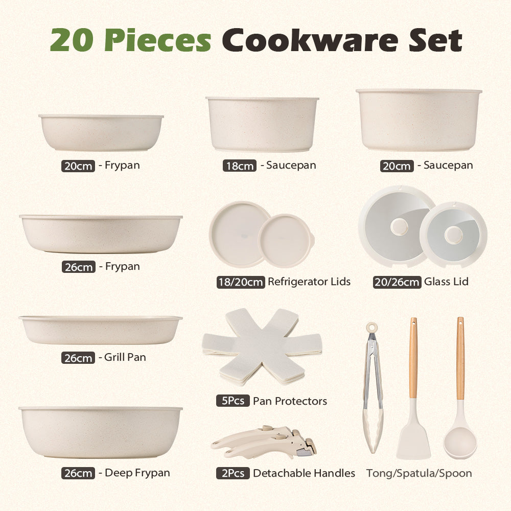 ZUNI 20PCS Nonstick Cookware Pots & Pans Set Granite Coating White