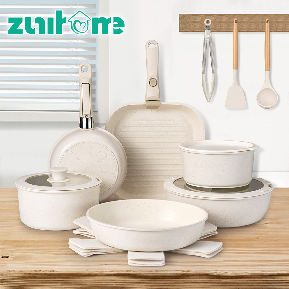 ZUNI 20PCS Nonstick Cookware Pots & Pans Set Granite Coating White