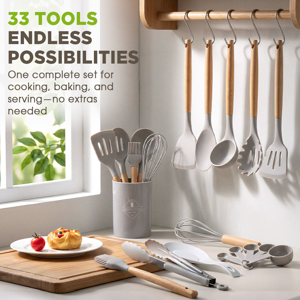 ZUNI 33PCS Silicone Kitchen Utensils Set Wood Cooking Baking Cookware