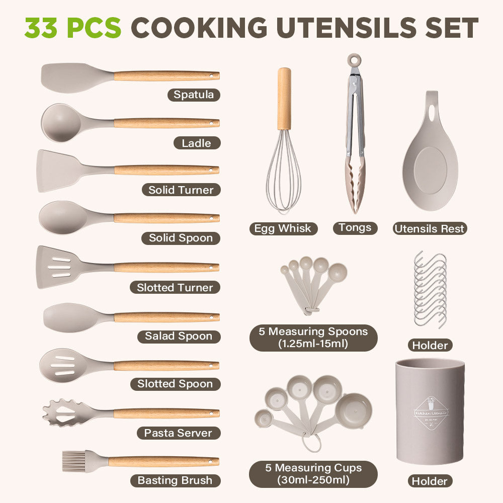 ZUNI 33PCS Silicone Kitchen Utensils Set Wood Cooking Baking Cookware