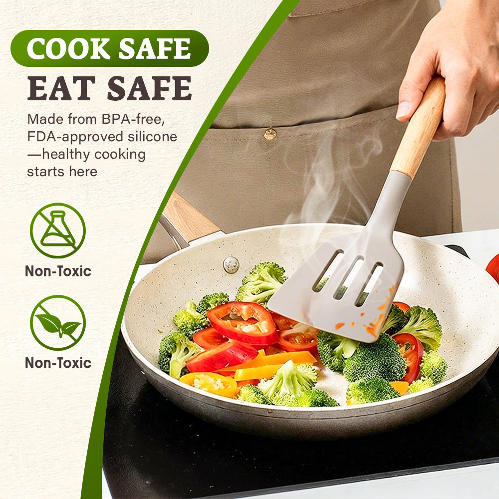 ZUNI 33PCS Silicone Kitchen Utensils Set Wood Cooking Baking Cookware - Sunyee