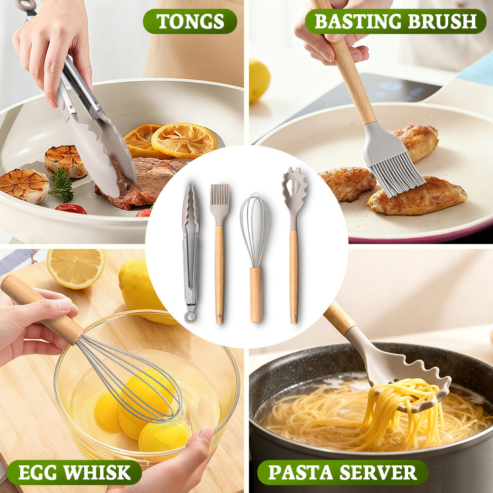 ZUNI 33PCS Silicone Kitchen Utensils Set Wood Cooking Baking Cookware - Sunyee