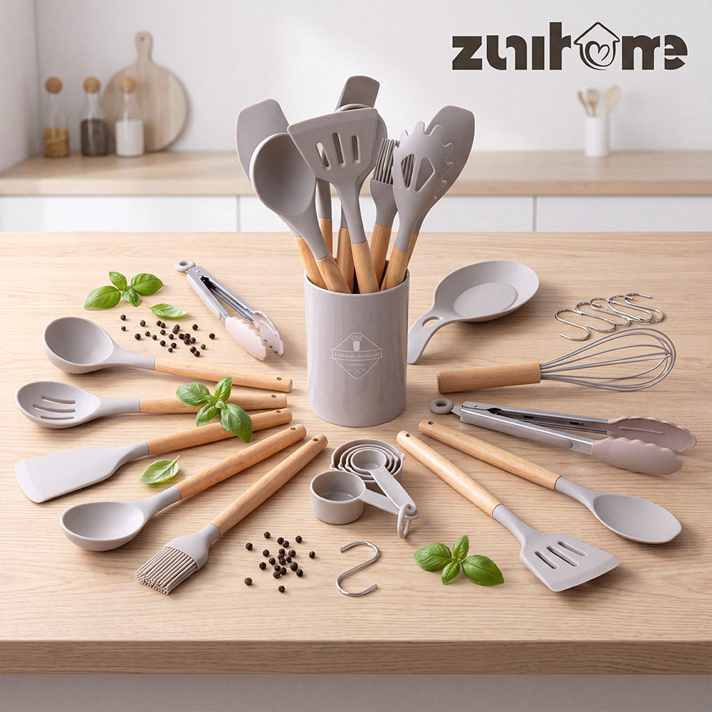 ZUNI 33PCS Silicone Kitchen Utensils Set Wood Cooking Baking Cookware