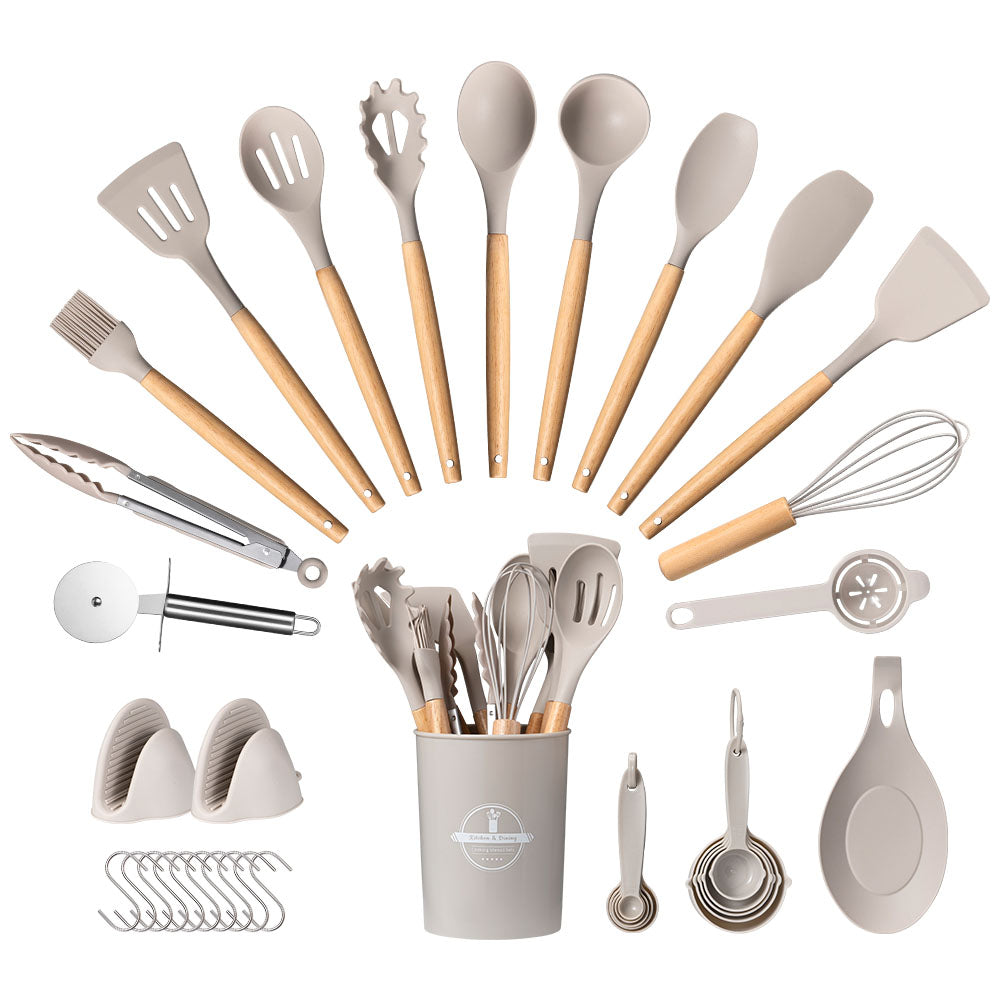 ZUNI 37PCS Silicone Kitchen Utensils Set Wood Cooking Baking Cookware - Sunyee