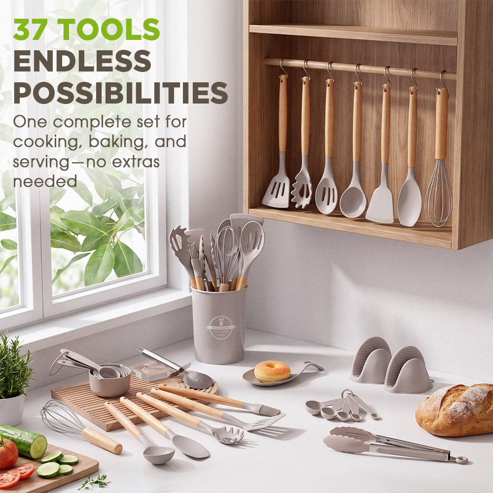 ZUNI 37PCS Silicone Kitchen Utensils Set Wood Cooking Baking Cookware
