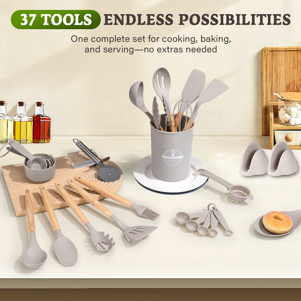 ZUNI 37PCS Silicone Kitchen Utensils Set Wood Cooking Baking Cookware - Sunyee