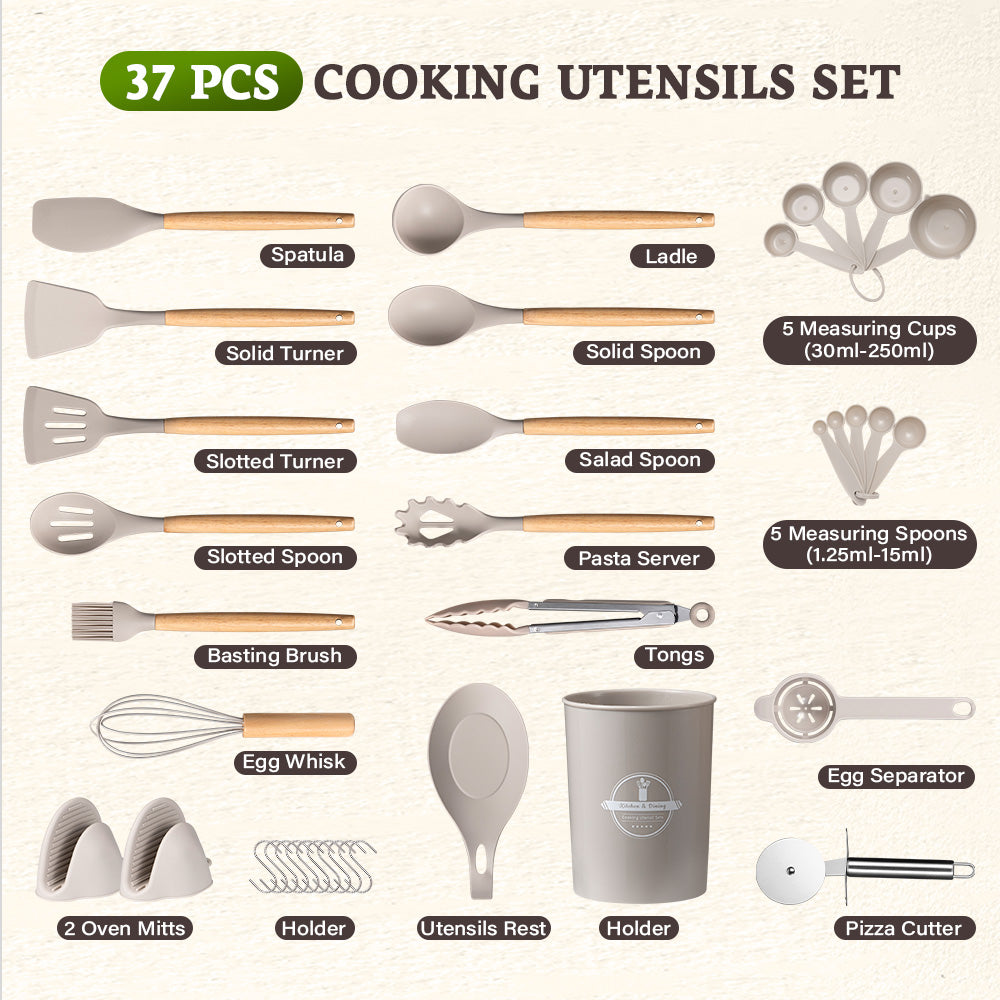 ZUNI 37PCS Silicone Kitchen Utensils Set Wood Cooking Baking Cookware - Sunyee