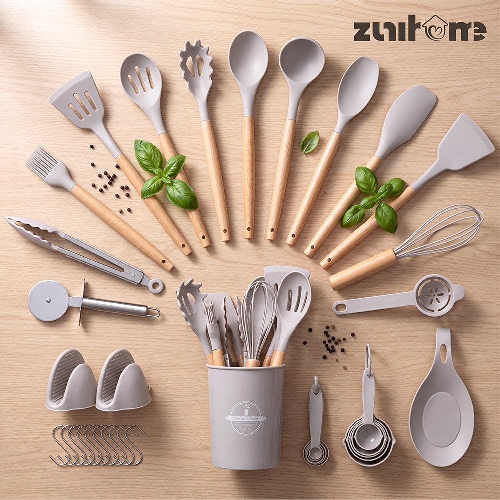 ZUNI 37PCS Silicone Kitchen Utensils Set Wood Cooking Baking Cookware