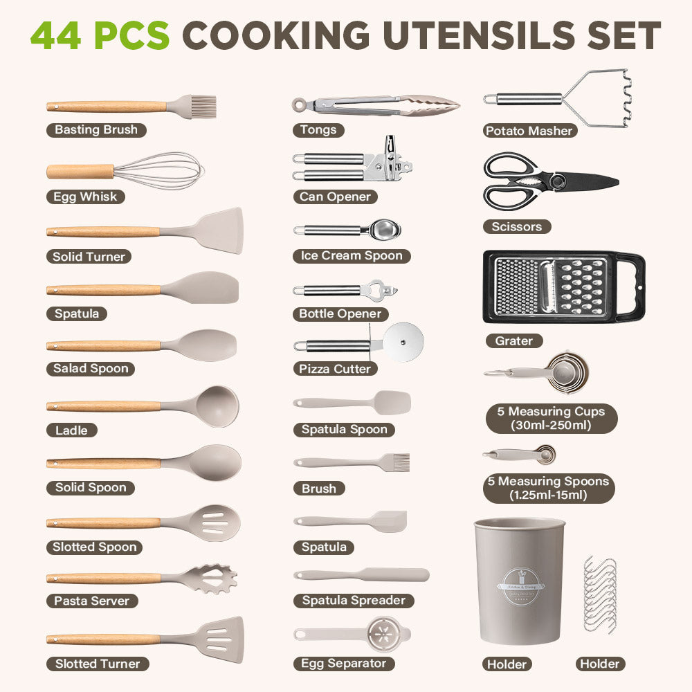 ZUNI 44PCS Silicone Kitchen Utensils Set Wood Cooking Baking Cookware