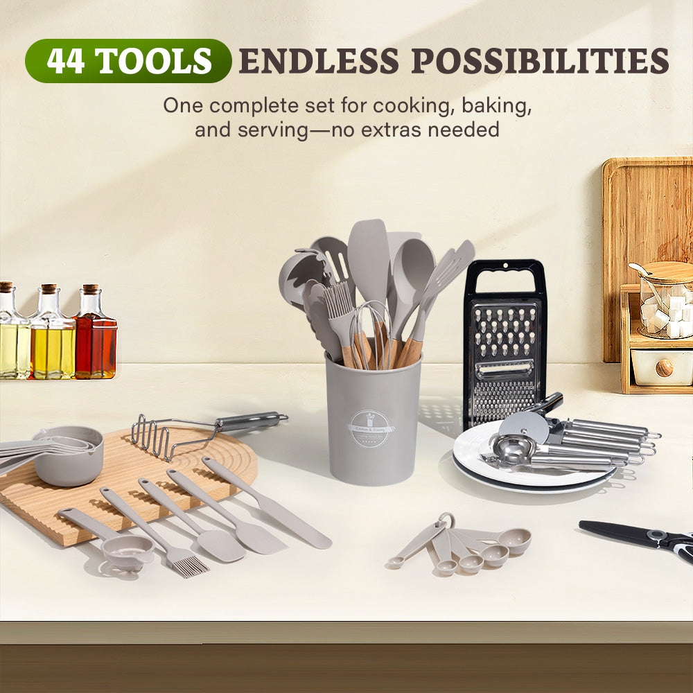 ZUNI 44PCS Silicone Kitchen Utensils Set Wood Cooking Baking Cookware - Sunyee