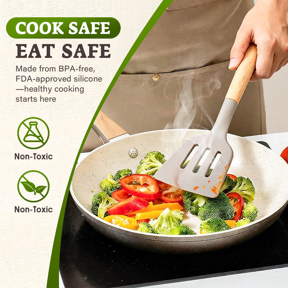 ZUNI 44PCS Silicone Kitchen Utensils Set Wood Cooking Baking Cookware - Sunyee