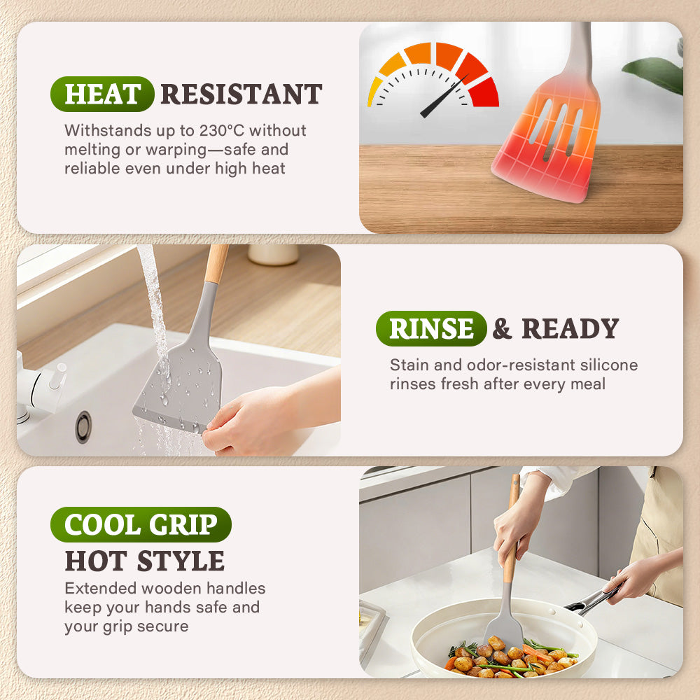 ZUNI 44PCS Silicone Kitchen Utensils Set Wood Cooking Baking Cookware - Sunyee