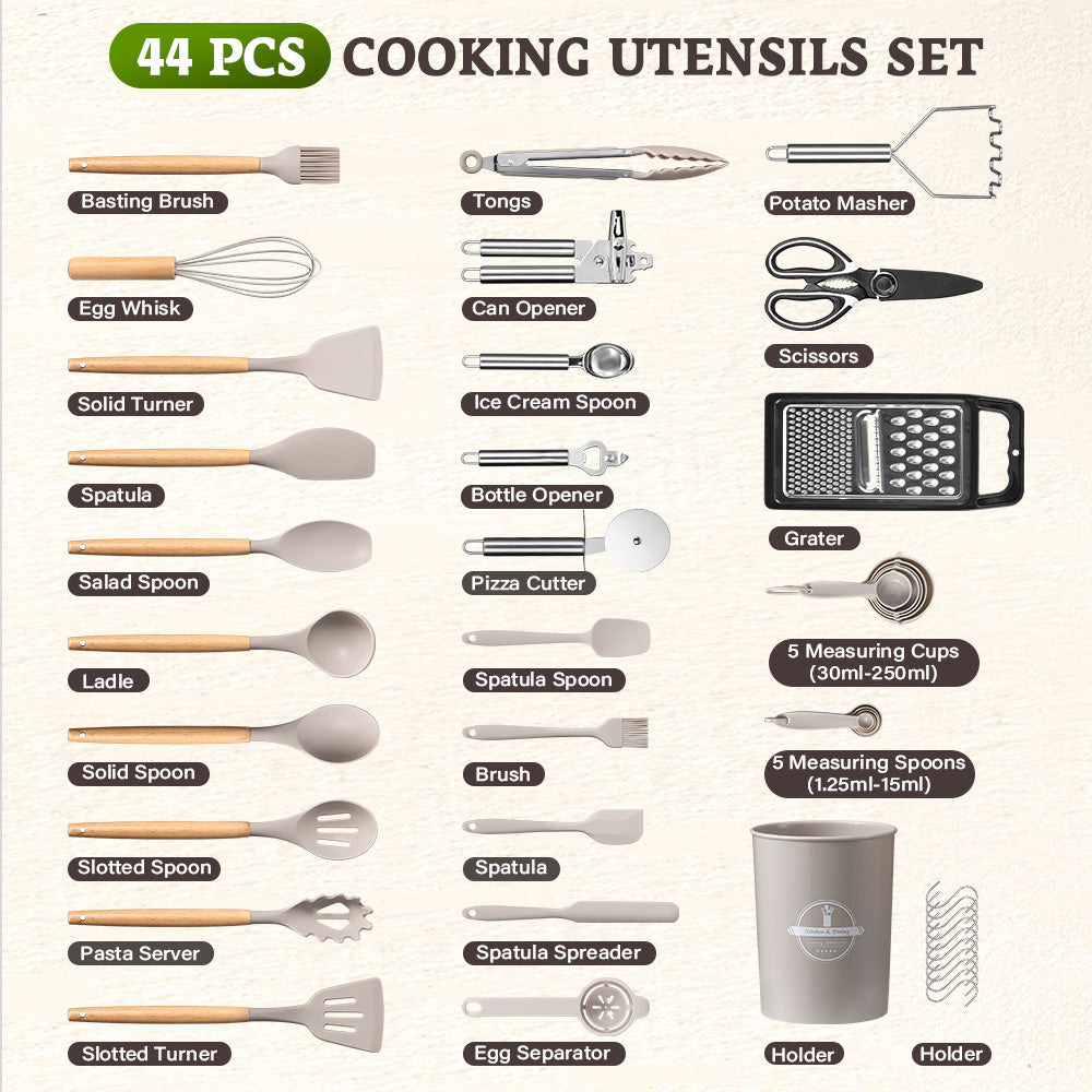 ZUNI 44PCS Silicone Kitchen Utensils Set Wood Cooking Baking Cookware - Sunyee